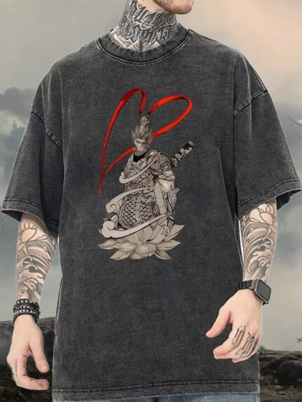 Flame Buddha Acid-Washed Drop‑Shoulder T-shirt – Fiery Monk Graphic T-shirt - Black, M