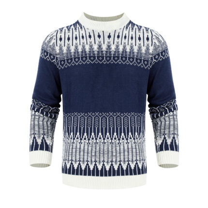Men's Crewneck Pullover Sweater Unisex Fair Isle Long Sleeve Knitted Sweater - White, M