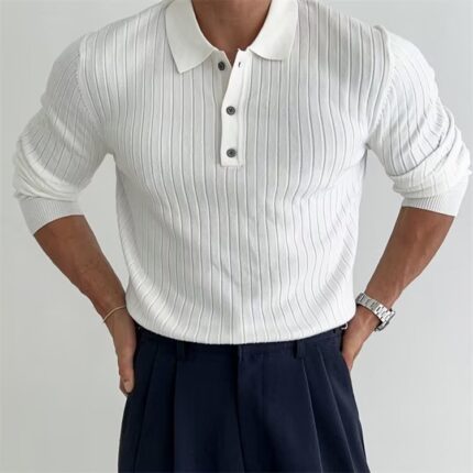 Men’s Slim Fit Lapel Polo – Solid & Striped Long Sleeve Knit Shirt - White, XL