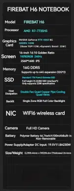 FIREBAT H6 16 Inch AMD R7-7735HS RTX 4060 DDR5 32G RAM M.2 1TB SSD 240Hz 2.5K Wifi6 BT5.1 Gaming Gamer Notebook Laptop Computer - Image 21