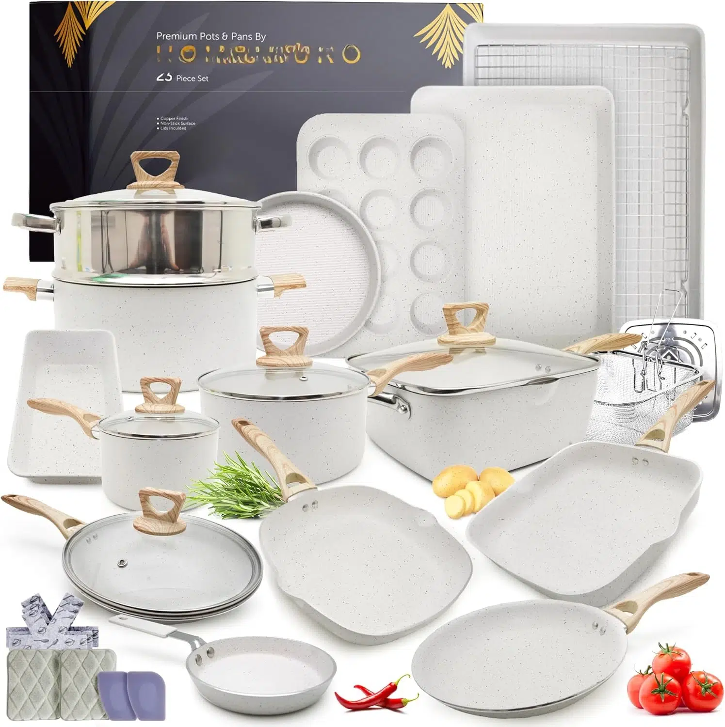 Sf5e81408bcdd4cf38464b7bc913b30299webp Pots and Pans Set Non Stick - Induction Compatible Kitchen Cookware Sets + Bakeware Sets , PFOA Free, (23 Pcs - Cream) - Image 1