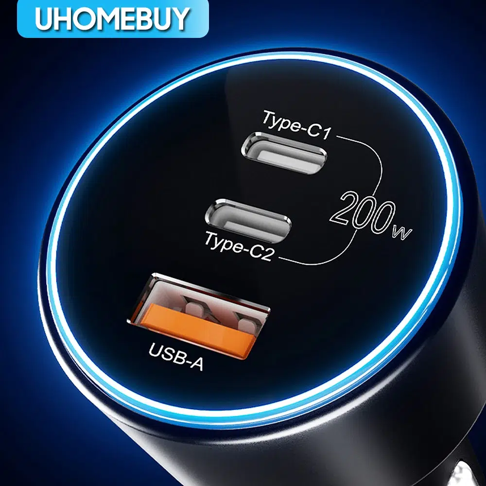 Sdddba1dfe46d45b881fee74a13164abff.webp UHOMEBUY 200W Car Charger USB Type C Fast Charger 100W 65W 45W 20W PPS PD QC3.0 Quick Charger for Laptop iPhone 15 Samsung S23 - Image 1